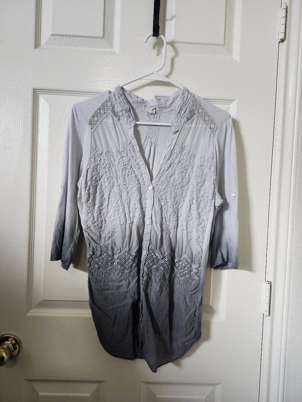 Anthropologie Gray Ombre Embroidered Button-Down Top